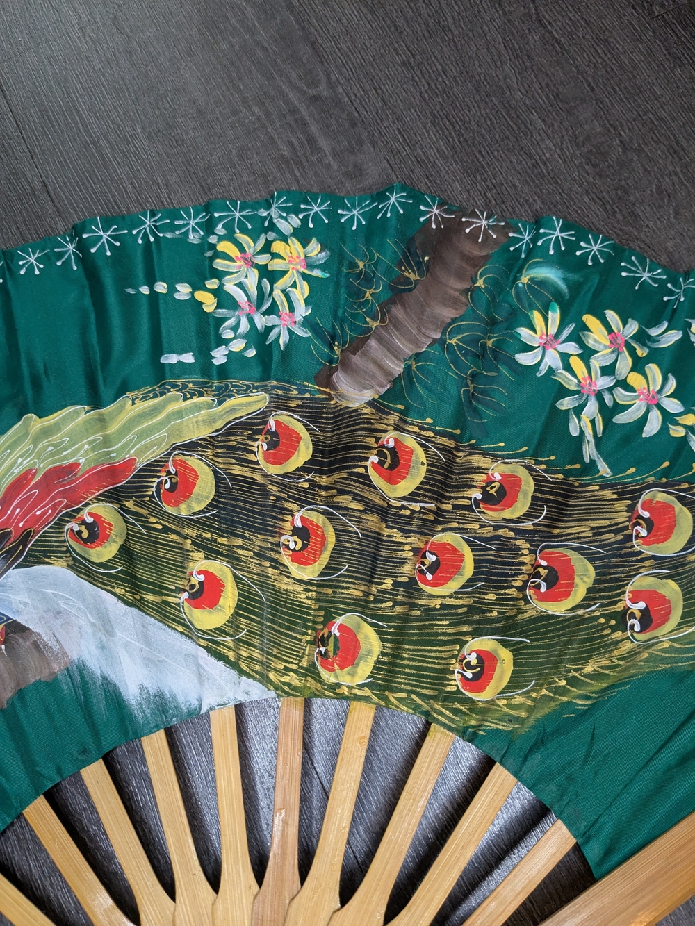 Vintage Decorative Peacock Wall Fan Handpainted Asian Floral Large 30" - Picture 7 of 16